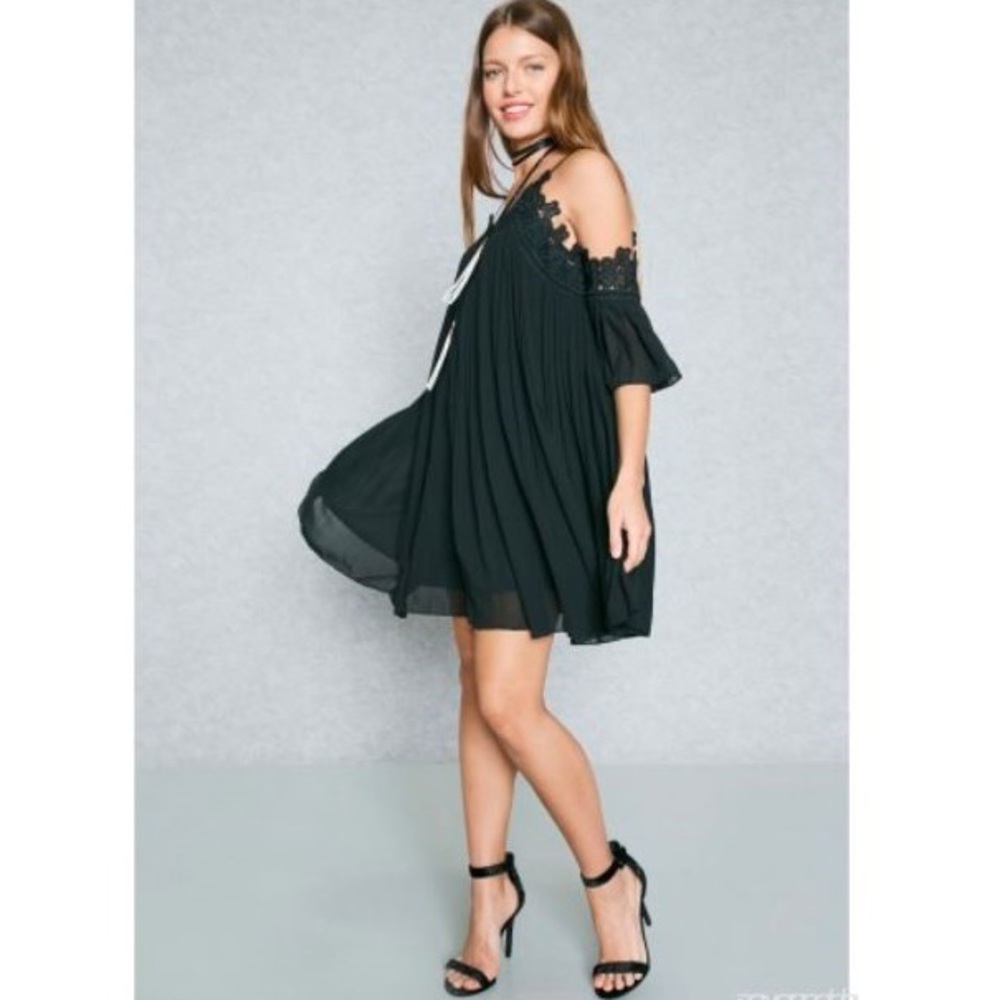 After Market Lace Trim Pleated Cold Shoulder Dress
